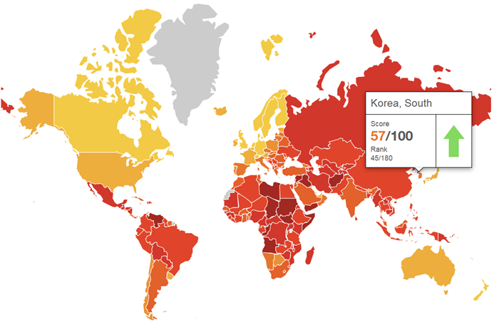This map shows the corruption perception indexes of all 180 countries surveyed by Transparency International in 2018. The lighter colored nations are considered to have a higher level of transparency. (Transparency International homepage)