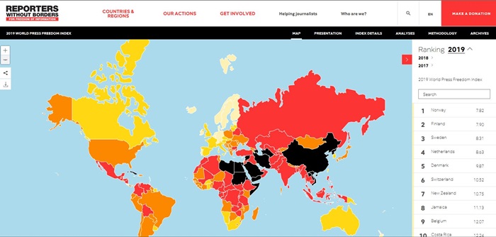Korea in the latest press freedom rankings by Reporters Without Borders is 41st, the highest for an Asian country. (Screen Capture from Reporters Without Borders)
