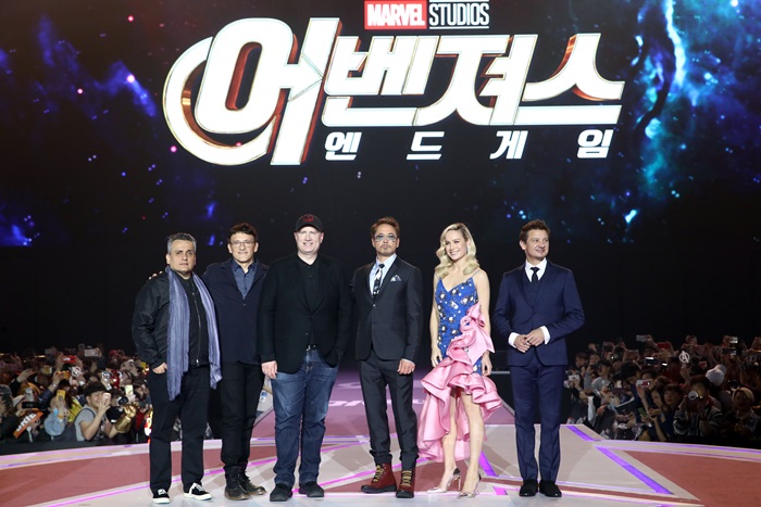 The cast and crew of "Avengers: Endgame" on April 15 pose for photographs at a fan event in Seoul