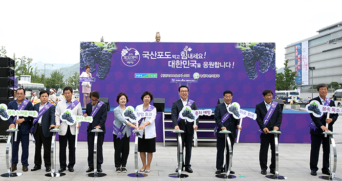 A ceremony is held to officially mark Grape Day 2015. Participants also opened grape promotional booths in Gwanghwamun Square on Aug. 6.