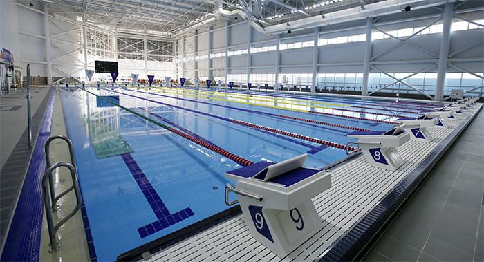 There are 10 racing lanes in the Olympic-sized main swimming pool. 