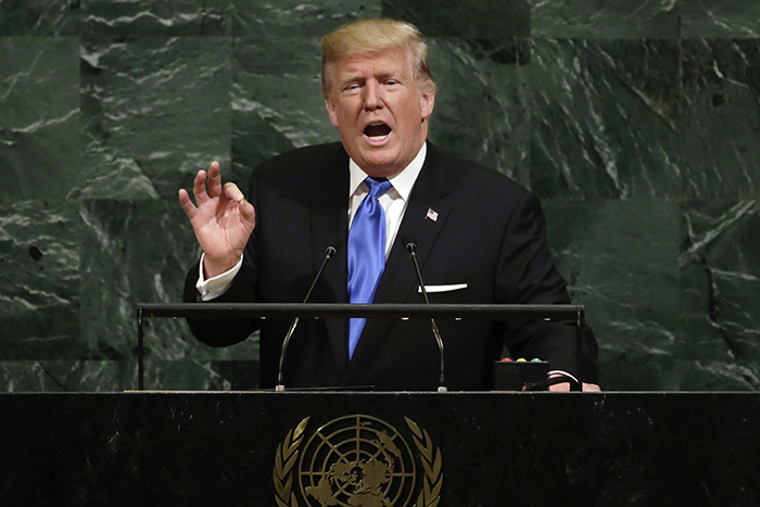 U.S. President Donald Trump delivers the keynote speech at the 72nd U.N. General Assembly, at U.N. headquarters in New York on Sept. 19. (Yonhap News)