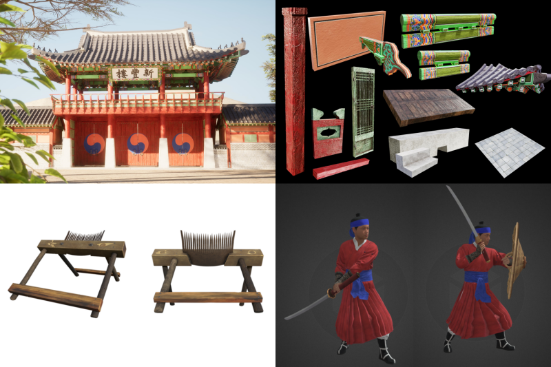 The Ministry of Culture, Sports and Tourism and Korea Culture Information Service Agency on March 13 released 4,543 pieces of 3D immersive digital data on traditional culture. Clockwise from left are Sinpungnu Gate Pavilion at Suwon Hwaseong Haenggung Palace, items from Bongsudang Hall, 24 styles from the Muyedobotongji (Comprehensive Illustrated Manual of Martial Arts) and holtae (traditional rice thresher) used in the folk game Gimpo Tongjin Durenori. (Ministry of Culture, Sports and Tourism)