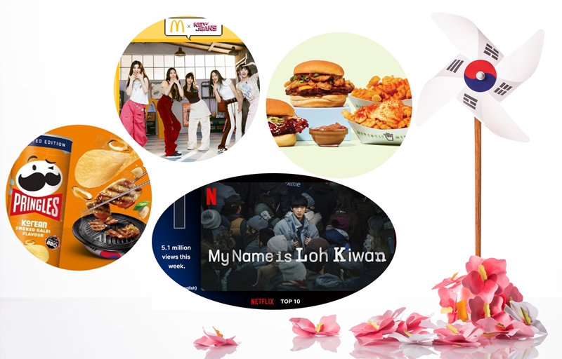 (From left clockwise) Pringles' Korean smoked galbi (grilled ribs) flavor; a McDonald's commercial starring girl group NewJeans; Shake Shack's Korean-style burger and fries; and the Netflix film 