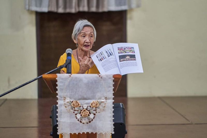 The descendants of the first Korean immigrants to Cuba on Aug. 12, 2023, held an event to celebrate the 78th anniversary of Korean independence from Japan at the Christian Center for Reflection and Dialogue in Cardenas, Cuba. Martha Lim Kim, the daughter of a Korean independence activist, is shown at the event talking about her book 