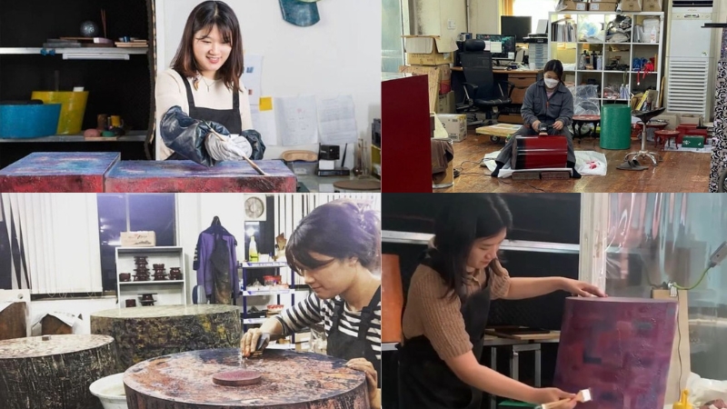 Artist OK Kim works at her studio, with the process for a work taking up to three months.