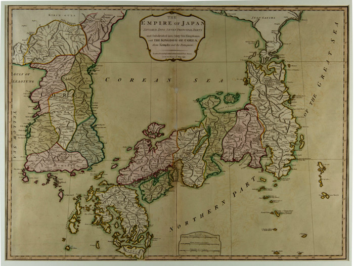 The East Sea is called the “Corean Sea” in the map titled, “The Empire of Japan divided into seven principal parts and subdivided into sixty-six kingdoms,” made in the U.K. in 1794. (image courtesy of the Seoul Arts Center)