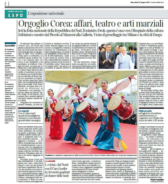 Italian daily Corriere Della Sera gives major coverage to Korea Day events on June 24.