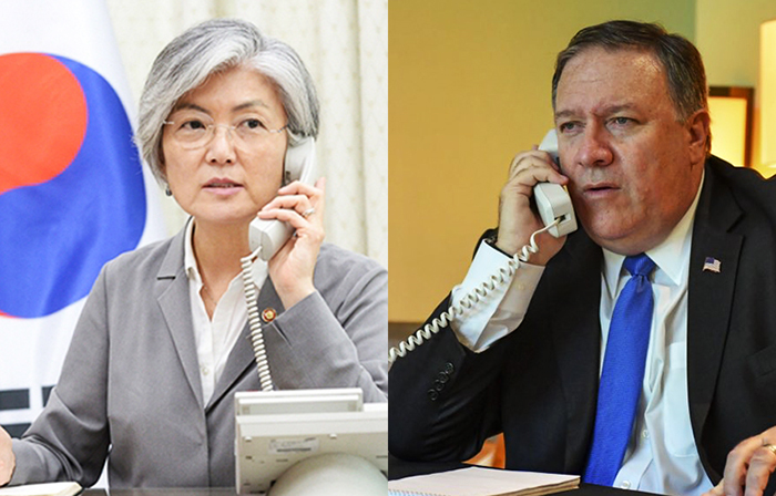강경화 외교부 장관(왼쪽)과 마이크 폼페이오 미국 국무장관은 29일 저녁 전화통화를 갖고 비핵화와 남북관계의 선순환적인 발전 필요성을 강조했다. 외교부