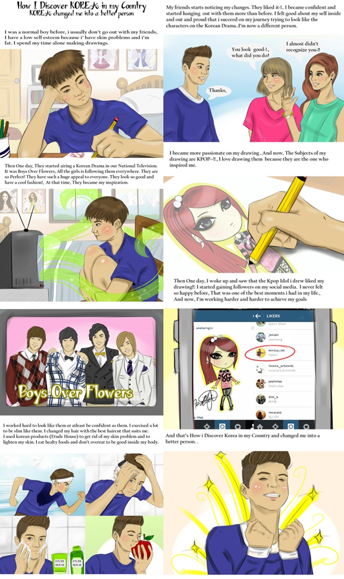 Grand prize winner in the online comic segment is submitted by Andrei Renzolugtu of the Philippines. He explains how Korea-style grooming helped him regain his self-confidence.