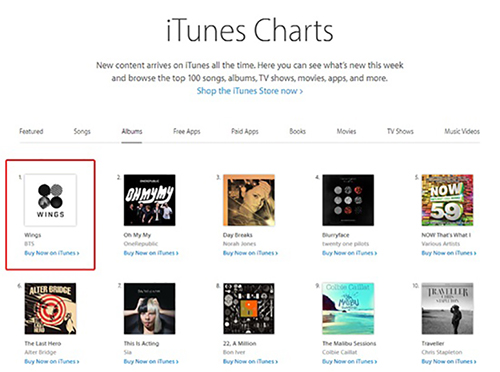 bts sweeps 97 charts on itunes with wings korea net the top itunes chart