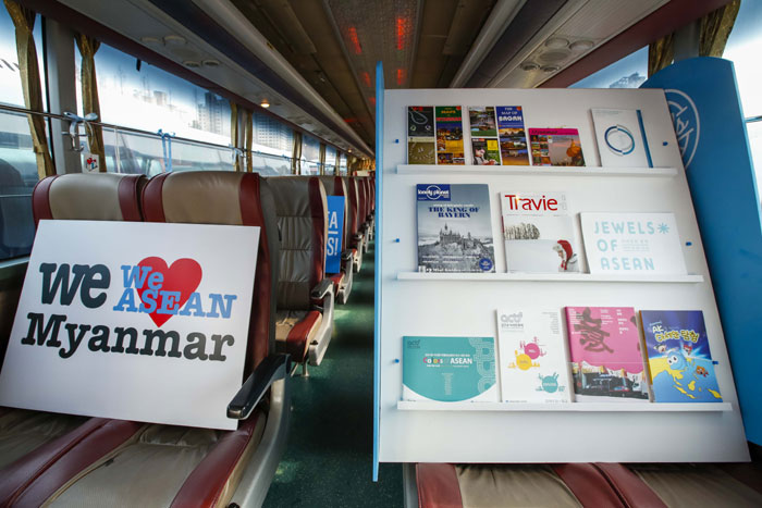 The interior of one of the ASEAN on Wheels buses is replete with pictures and information about Myanmar.