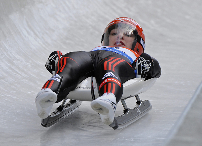 Aileen Christina Frisch participates in the Womens World Cup luge race in Innsbruck, Austria, in 2012 as a German national.