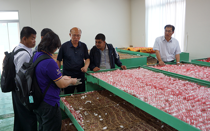 Sericulture experts from Cambodia, Laos, Nepal, Thailand and Vietnam visit silk worm production facilities in Korea as part of a training workshop hosted by the Rural Development Administration.