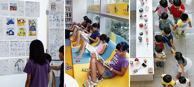 At the Korea Manhwa Museum, which was the venue for the recent Bucheon International Comics Festival, younger visitors explore the history of Korea's comics industry, take advantage of ample reading material in the comics reading room, and browse the crafts displays (photos courtesy of KOMACON).