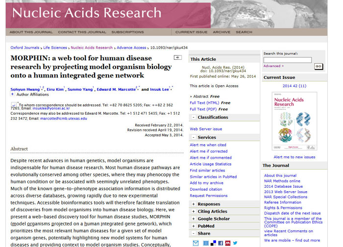 A captured image from the Nucleic Acids Research homepage, an international journal about systematic biology. It published the MORPHIN research results last month. 