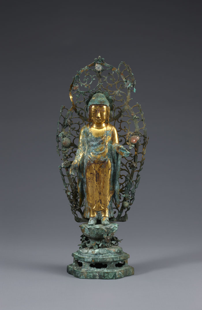 A gilt-bronze Buddha statue is from United Silla times, sometime between the eighth and ninth centuries.