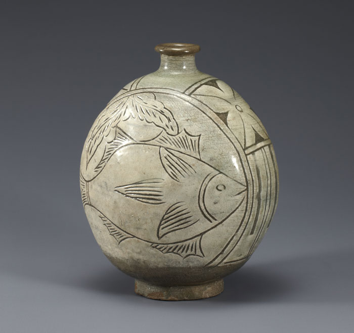 A piece of <i>buncheong</i> ware with a fish design, 15th or 16th century, Joseon.