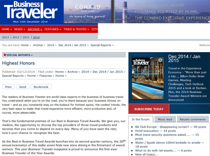 The U.S. edition of Business Traveler has named Seoul the Best International Business Meetings Destination three years in a row. The above image shows the U.S. edition of the magazine announcing its Best in Business Travel Awards 2014.