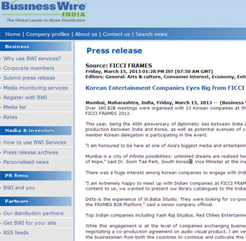 Business Wire reports on FICCI FRAMES 2013