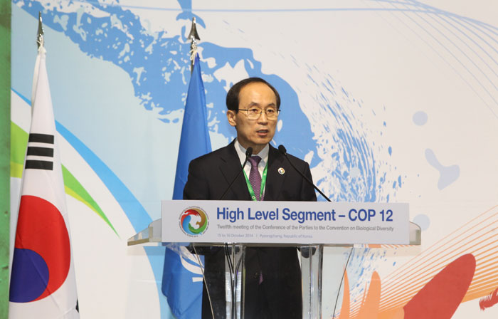 Minister of the Environment Yoon Seong Kyu speaks during the High Level Segment of the COP12 on October 15.