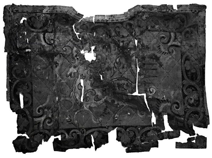 (Top) An infrared photo shows the lower birch bark piece of a saddle flap that has a heavenly horse painted on the side. It’s National Treasure No. 207. (Bottom) An infrared photo of the upper birch bark section of a saddle flap with a heavenly horse photon its side. (photos courtesy of the Gyeongju National Museum)