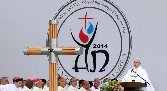 Pope Francis delivers his sermon during the closing Mass of the sixth Asian Youth Day being held at the Haemi Fortress in Seosan, Chungcheongnam-do, on August 17. 