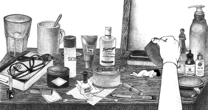 The book uses detailed pencil drawings to illustrate how Yujin finds the dust kid all over the house, such as on the dressing table, under the dining table and inside the bathroom. (image courtesy of Culture Platform) 
