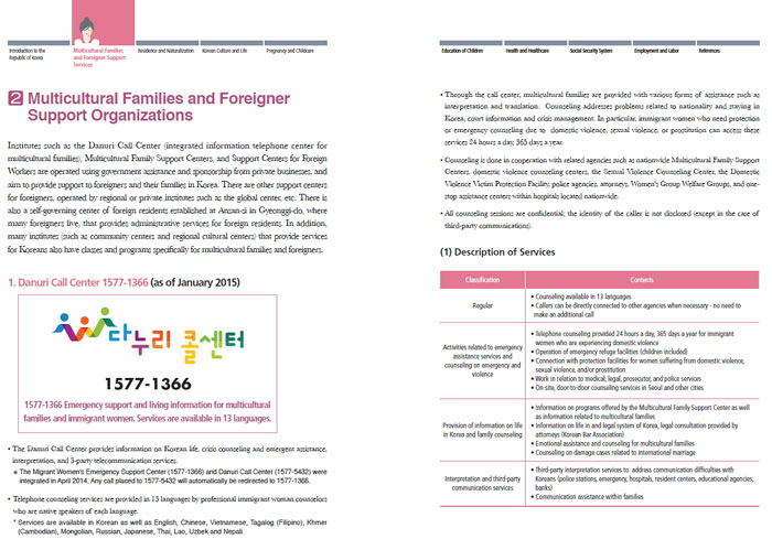 The ‘2015 Guidebook for Living in Korea’ outlines the government's support policies for multicultural families and those of related organizations.