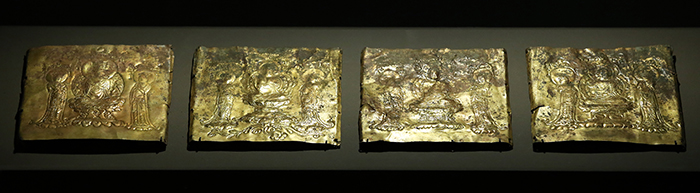  Four gilt panels form a box that contained a reliquary. They are on display at the 'Devout Patrons of Buddhist Art' exhibit going on at the National Museum of Korea. 