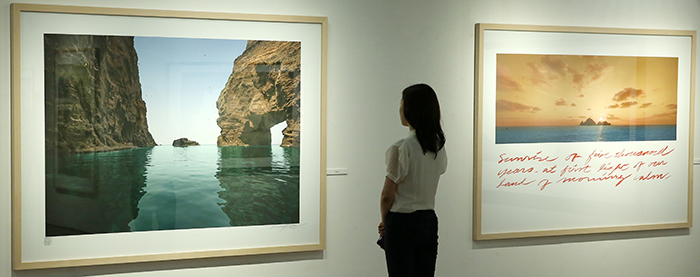 A visitor looks at the photo ‘Elephant,’ one of the works on display by photographer Kim Jung-man in his Dokdo exhibition. (photo: Jeon Han)