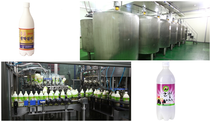 (Top left) Julpo <i>Saengmakgeolli</i> and (Bottom right) Cham Ppong <i>Makgeolli</i> are both made by Naebyeonsan Dongjin Wine, (Others) An automated manufacturing line. (photos: Naebyeonsan Dongjin Wine)