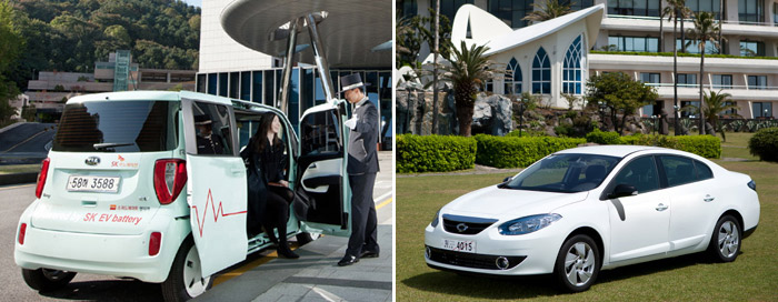 (From left) clients get out of a Kia Ray EV (photo courtesy of Sheraton Grande Walkerhill); Renault Samsung’s EV SM3 .Z.E. is parked in front of the Hyatt Regency Jeju (photo courtesy of Hyatt Regency Jeju).