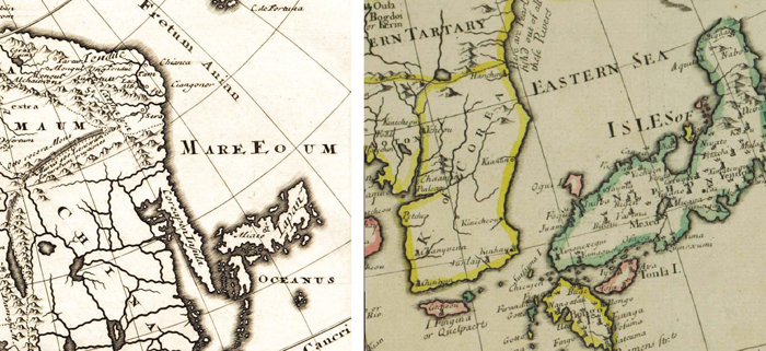 The body of water between Korea and Japan is labeled as the “MARE EOUM,” Latin for “A Sea in the East,” in the 1624 map by German geographer Philip Cluver (left). In the 1721 map by English royal geographer John Senex (right), it is called the “EASTERN SEA.”