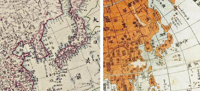 Two ancient Japanese maps both indicate that the body of water between Korea and the Japanese islands is called the “Sea of Korea” and label the Pacific Ocean as the “Great Japanese Sea.”