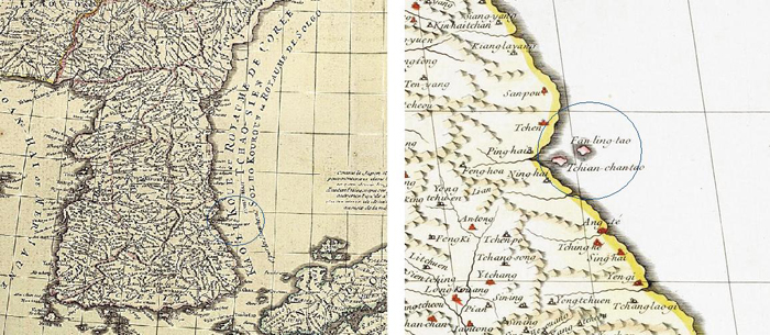French royal geographer Jean Baptiste Bourguignon D’Anville labels Dokdo as “<i>Tchian-chan-tao</i>,” using the Mandarin pronunciation of its old name, <i>Usando</i>, in both his 1732 (right) and 1737 (left) maps. 