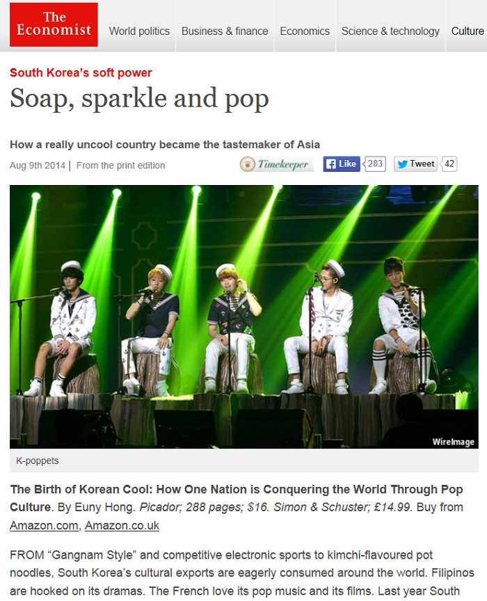The Economist’s August 9 article, “South Korea’s soft power: Soap, sparkle and pop.”