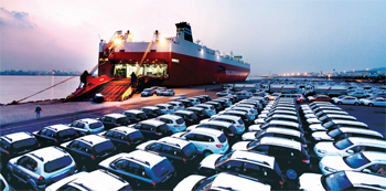 Vehicles lined up for export in Incheon, the largest port on the west coast.