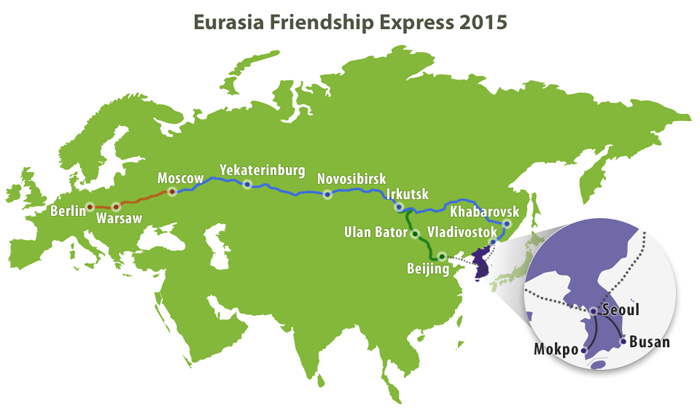 The route for the 'Eurasia Friendship Express 2015' starts in Korea and goes through China, Mongolia, Russia and Poland, to then arrive in Germany.