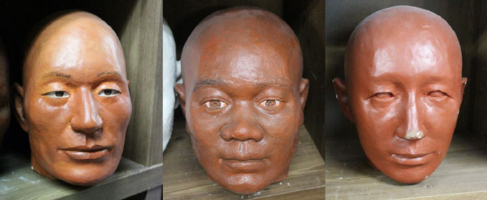 Cho recreated the facial appearance of people who used to live on the Korean Peninsula. The left face shows the person who was found in Hawngseong-ni in Jecheon, Chungcheongbuk-do. He is assumed to have left for Korea from Northern Europe about 2,300 years ago. The center face shows the face of a person who was found on Yeondaedo Island off the beach of Tongyeong. The shape of this person reminds us of a person with African origins. The right face is the future of the Korean face, which will probably be seen in the year 2100.