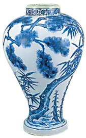 Blue and white Joseon Dynasty porcelain vase with bamboo and pine tree design