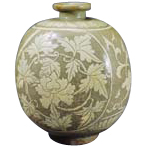 Buncheong flask with peony design (Joseon Dynasty)