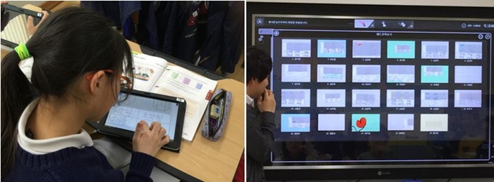 A student fills in the blanks on her tablet device (left). A teacher checks the work submitted by his students (right). 