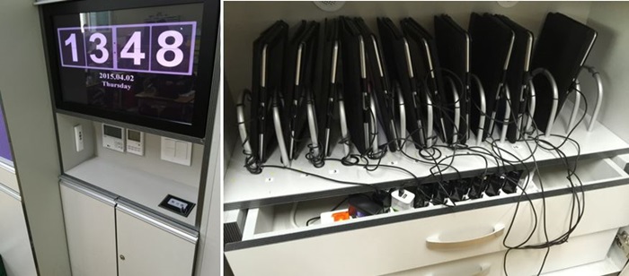 Electronic scanners attached to the cabinet provide attendance records (left). Students place their used smart devices in charging stations (right).