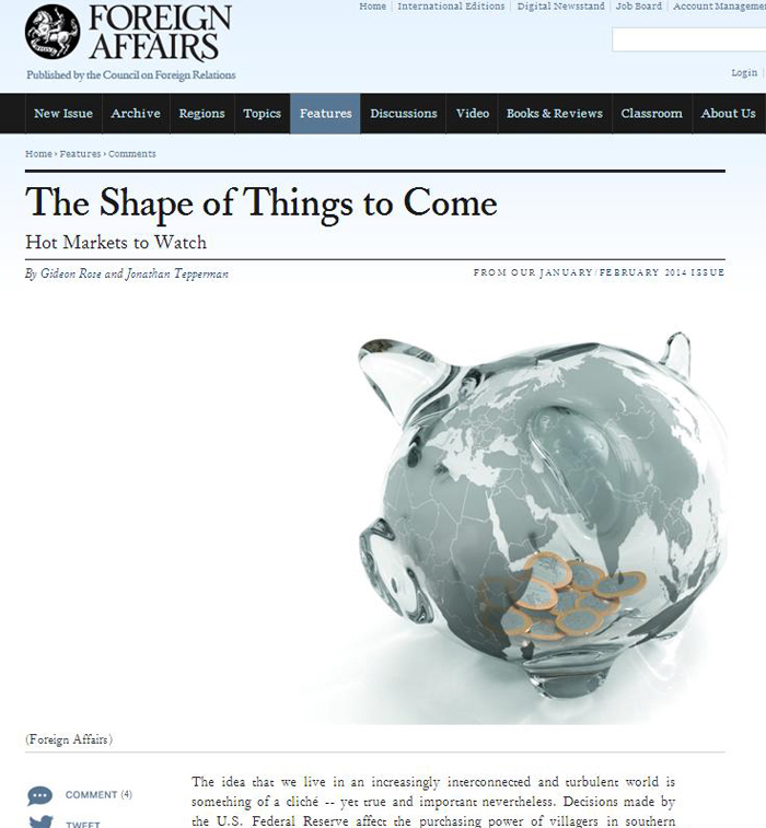 A captured image of the article “The Shape of Things to Come: Hot Markets to Watch” published in Foreign Affairs on January 2.