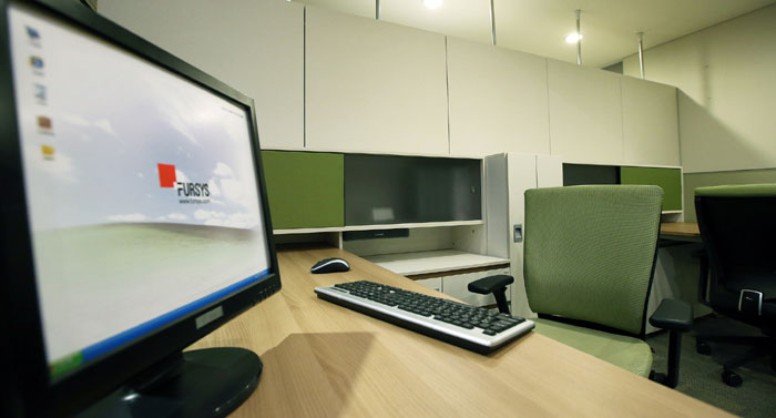 In the showroom, Fursys has office furniture which reflects various work environments.