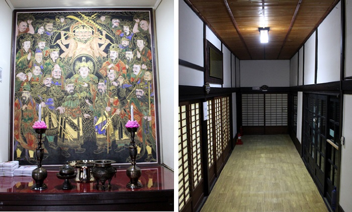 Dongguksa Temple(東國寺) is the only surviving Japanese-style temple in Korea. It opened its doors in 1909 and is run by monks of the Japanese Caodong school (曹洞宗). At the time of its foundation, it was called Geumgangsa Temple (錦江寺). Inside and hanging on the walls are altar portraits of Buddha that portray images related to the nation’s folk beliefs. Pictured (bottom right) are traditional Japanese-style floor coverings.