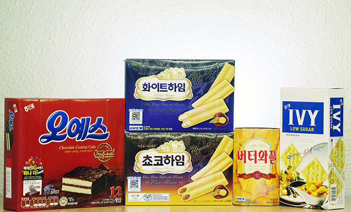 (From left) Oh! Yes, Choco Heim (bottom), White Heim, Butter Waffles and IVY crackers.