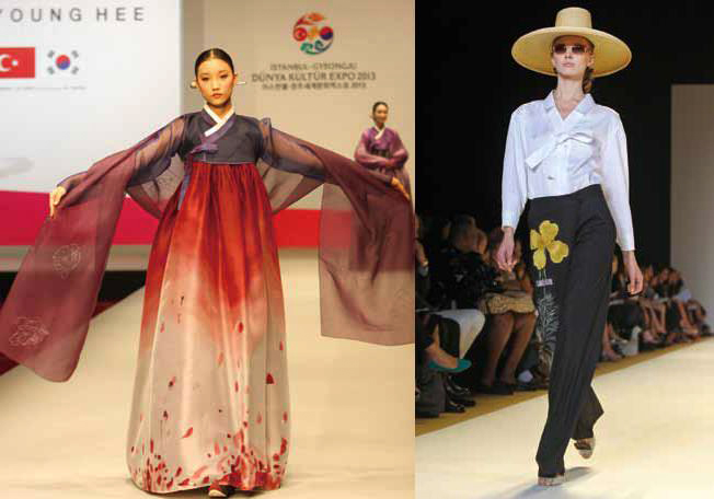 A Hanbok (left) by designer Lee Young-hee at the Korea-Turkey Traditional Fashion Show in Istanbul on September 11, 2013. The spring 2011 collection of designer Carolina Herrera is modeled during Fashion Week in New York on September 13, 2010.