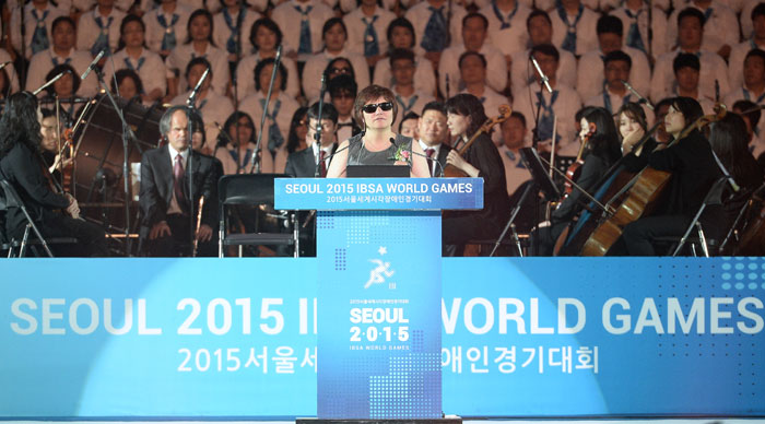 IBSA President Jannie Hammershoi delivers her opening remarks during the opening ceremony of the Seoul 2015 IBSA World Games on May 10.